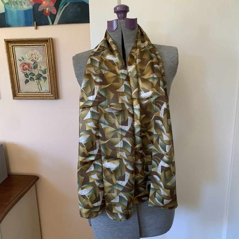 VTG Scarf Abstract Print Modernist Cubist Green Brown Neutral Long 57x13.75"
